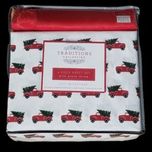 Christmas Holiday Red Truck Tree Microfiber Full Sheet Set w/ Plush Throw